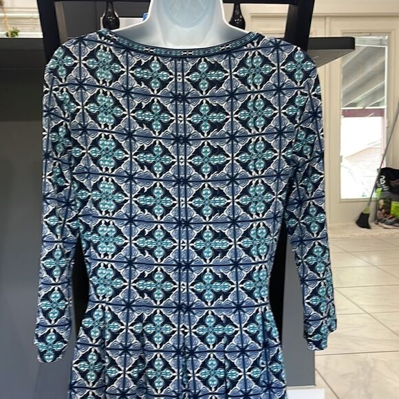 New! Jersey knit blue print A-line 3/4 sleeve pull over midi dress - Picture 9 of 16